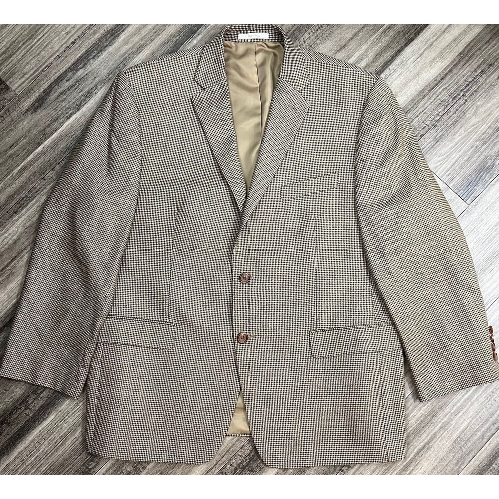 Lauren Ralph Lauren Blazer Mens 44S Tan Silk Wool Houndstooth Sport Coat